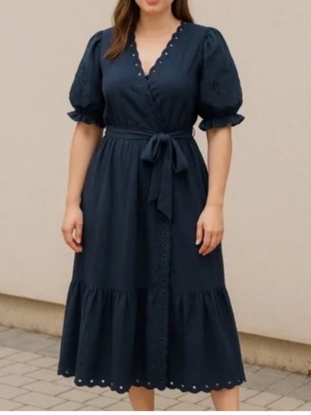 Moon River Navy Blue Eyelet Trim Linen Blend Midi Dress Sz XS